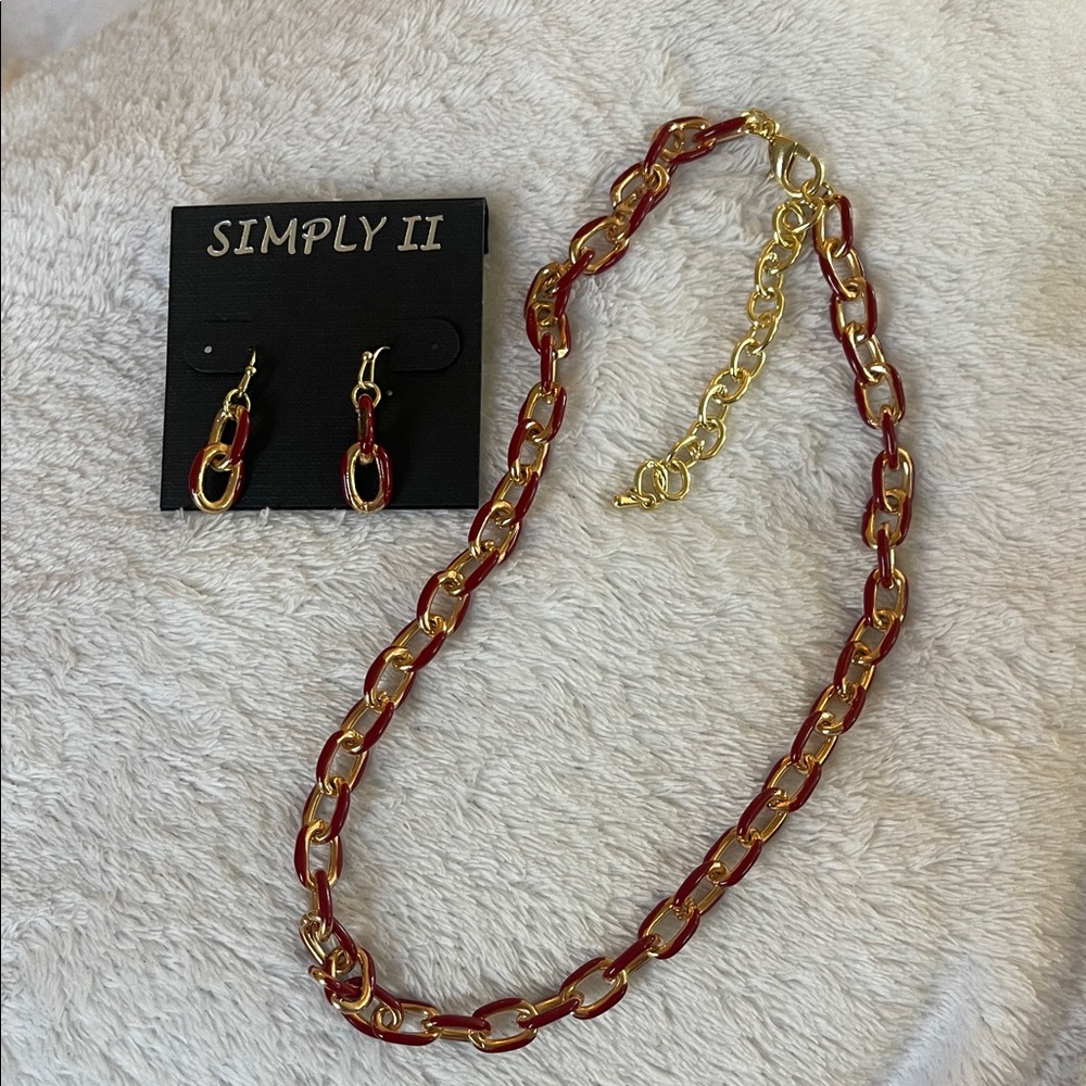 Gold and Red Chain Necklace and Earring Set nwt